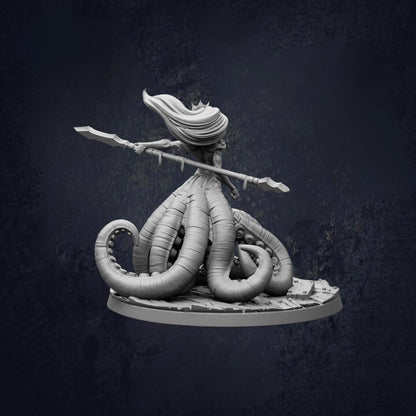 A 3D model of a fantastical creature with multiple tentacles, holding a weapon in its hand.