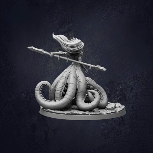 A 3D model of a fantastical creature with multiple tentacles, holding a weapon in its hand.