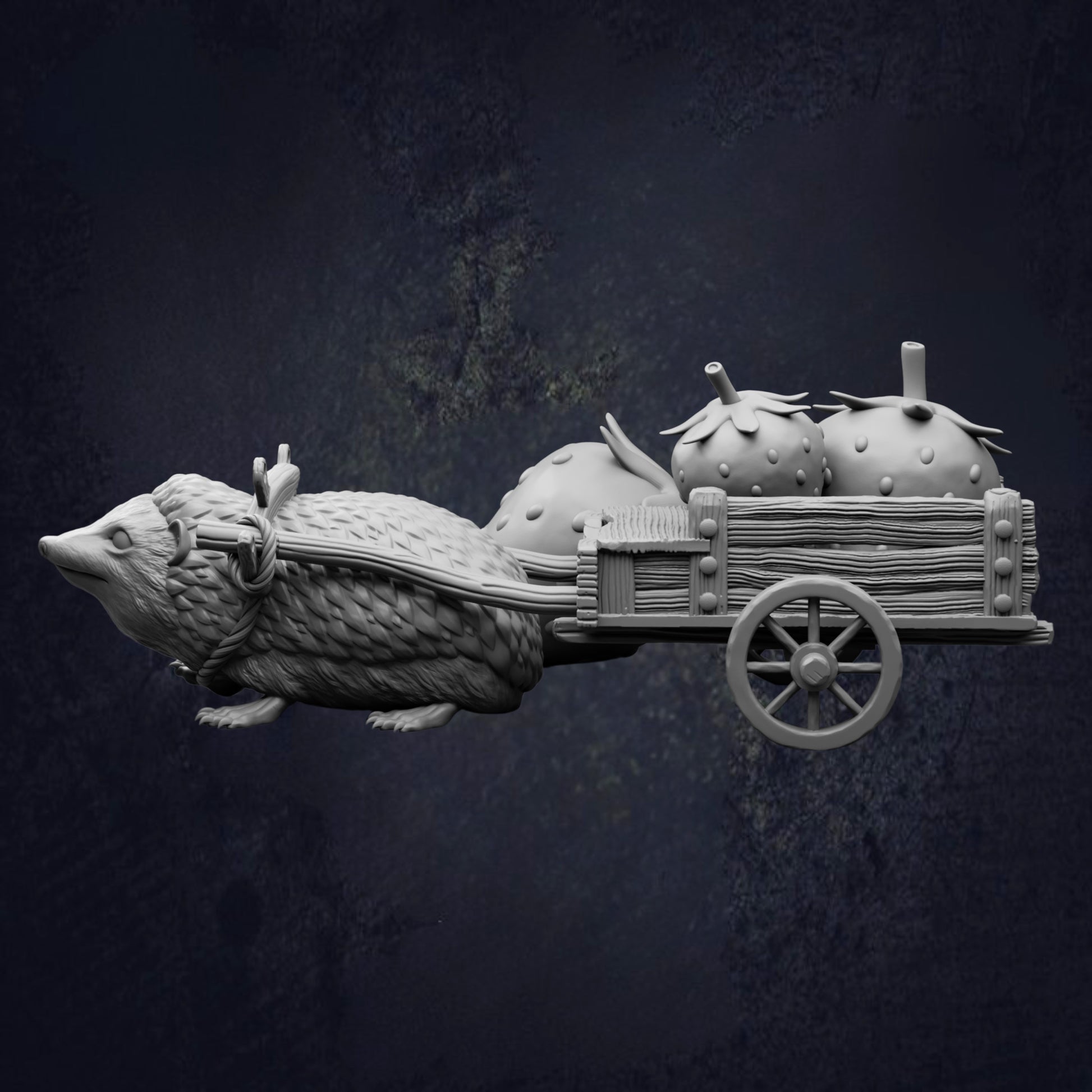 A sculpture of a hedgehog pulling a wooden cart with two strawberries on it.