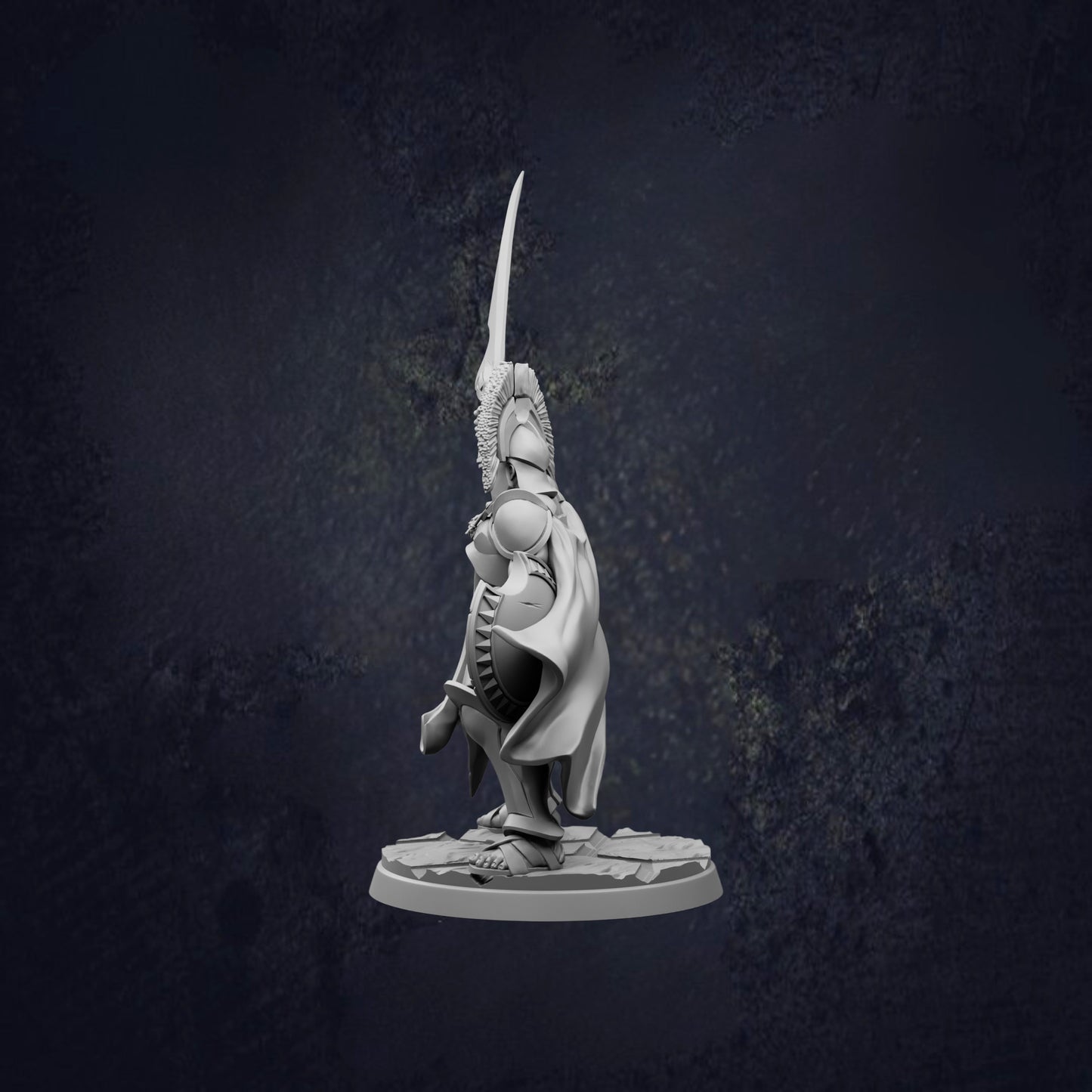 A statue of a person holding a sword and shield, standing on a pedestal against a dark background.