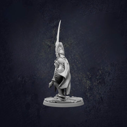 A statue of a person holding a sword and shield, standing on a pedestal against a dark background.
