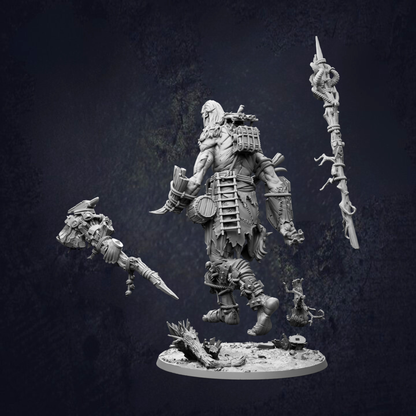 A detailed 3D model of a warrior figure, complete with various weapons and armor, set against a dark background.