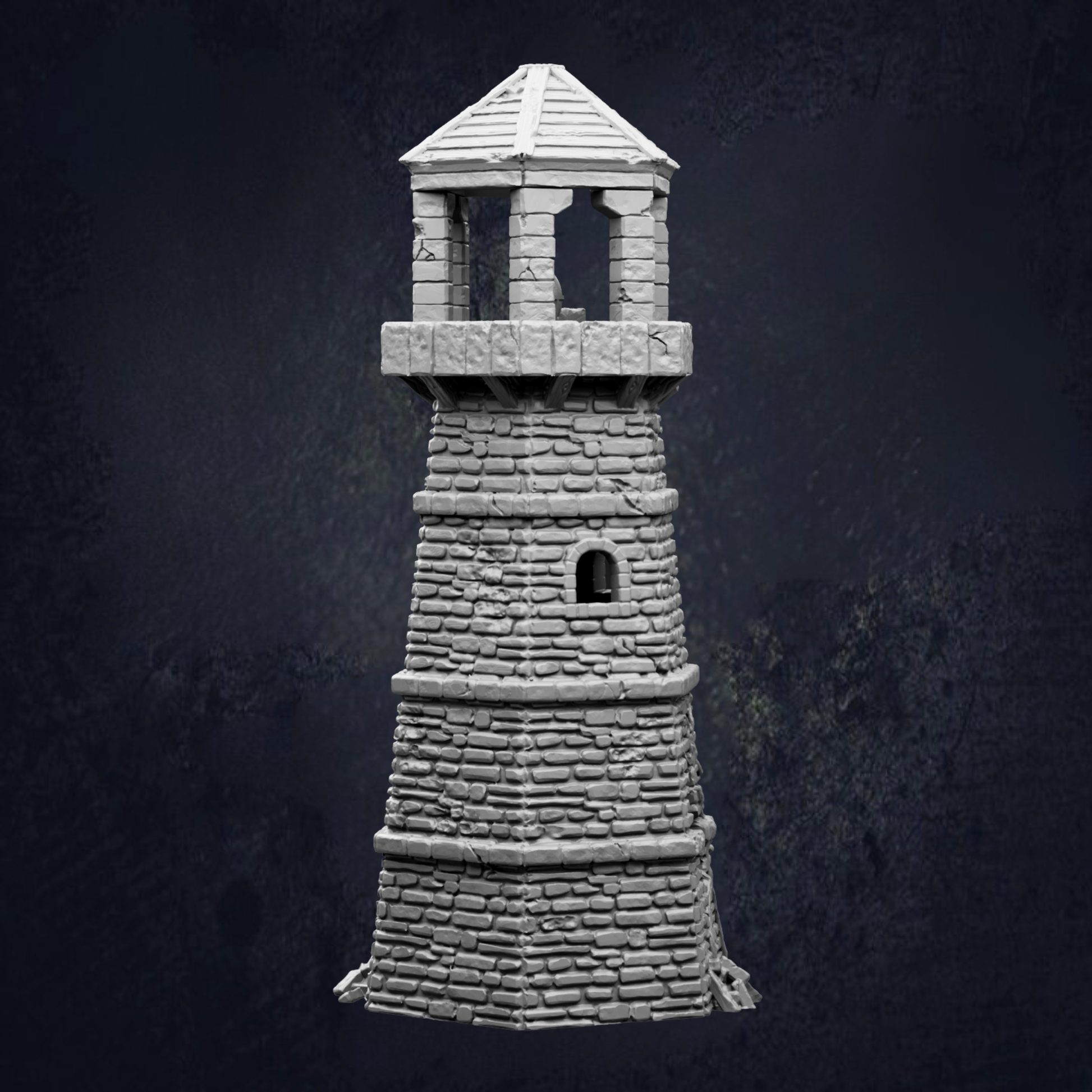A stone tower with a pointed roof and a small window on the side, standing against a dark background.