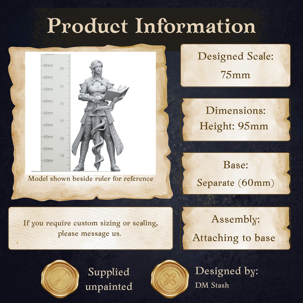 The image is a product information graphic for a 75mm model shown beside a ruler for reference. The model is designed to be used as a separate (60mm) base, and it is available for assembly. The image is provided by DM Stash, and it is unpainted. The dimensions of the model are 75mm in height and 95mm in width. The base of the model is separate, and it is designed to be attached to a base.