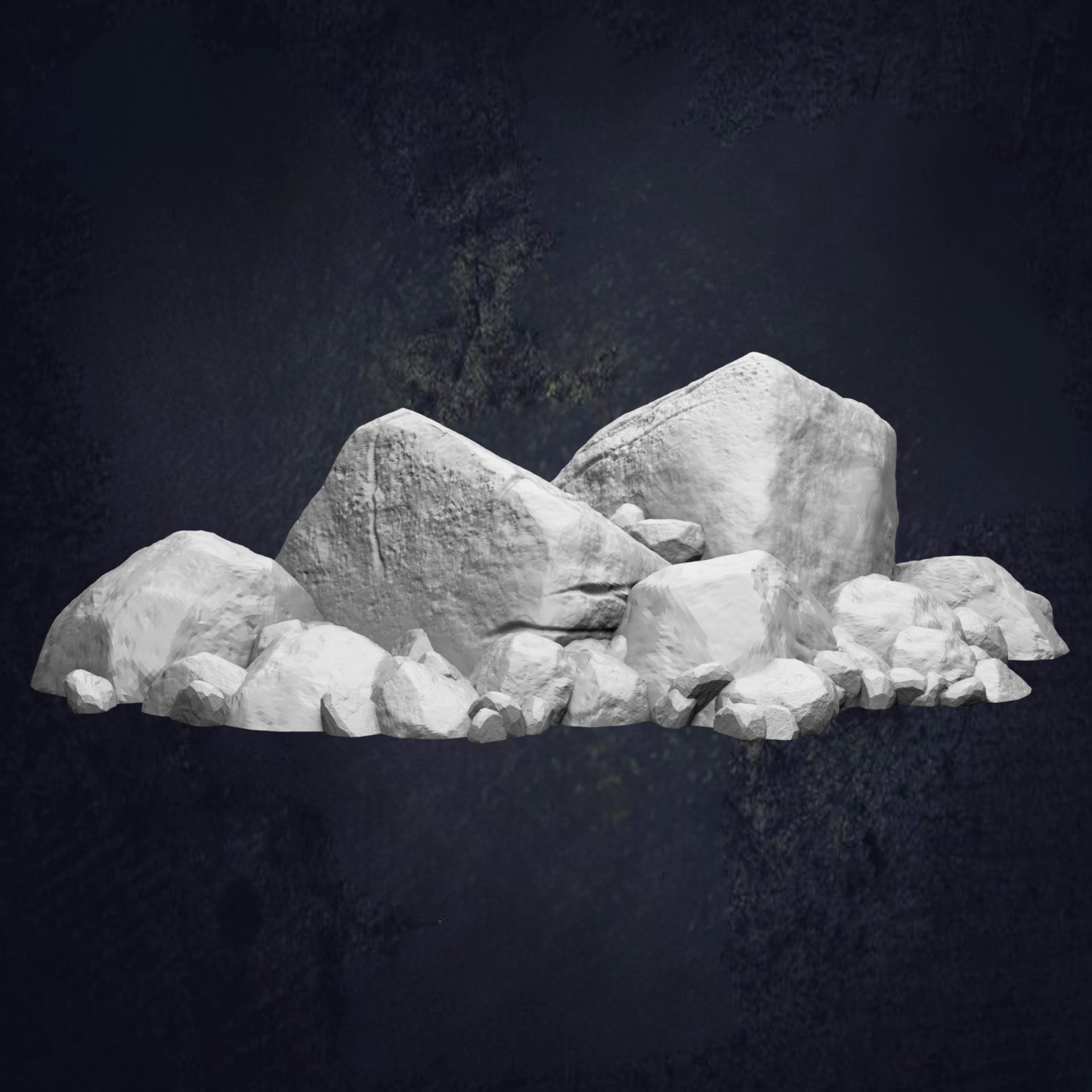 A collection of large, jagged rocks and boulders against a dark background.