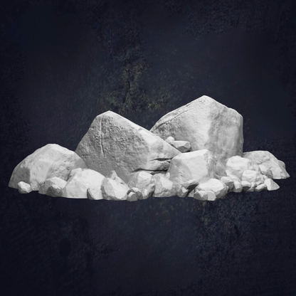 A collection of large, jagged rocks and boulders against a dark background.