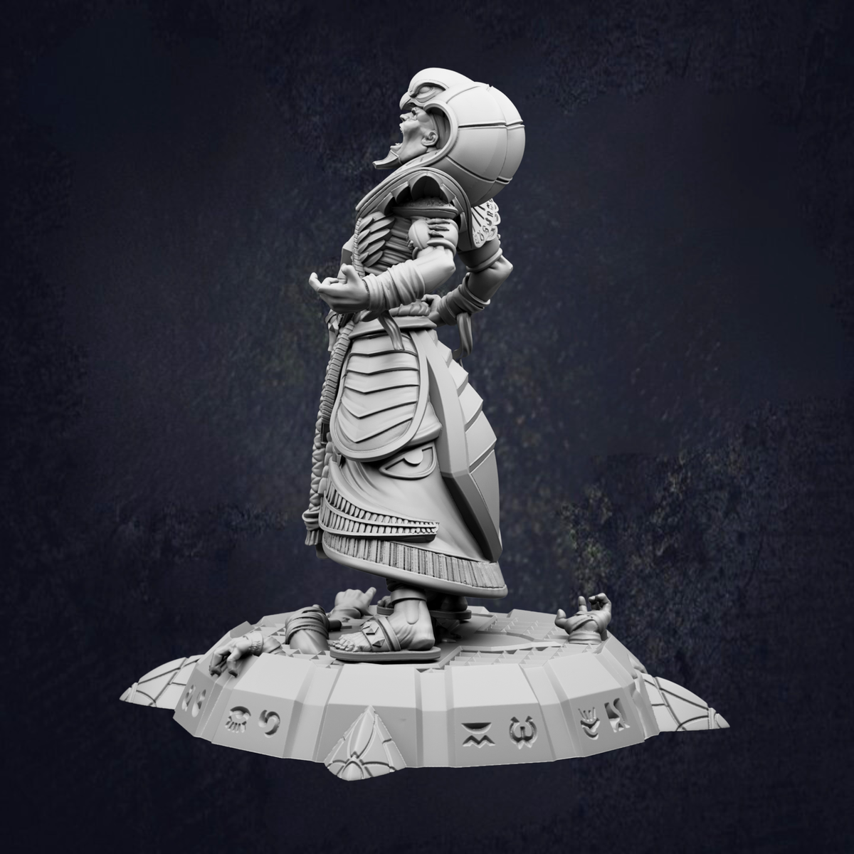 A 3D rendering of a character wearing a helmet and armor, standing on a platform with various symbols and text.