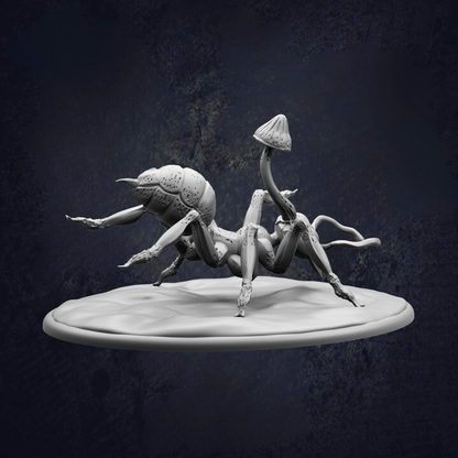 A 3D rendering of a large, intricate insect-like creature with multiple legs and a mushroom-like head, set against a dark background.
