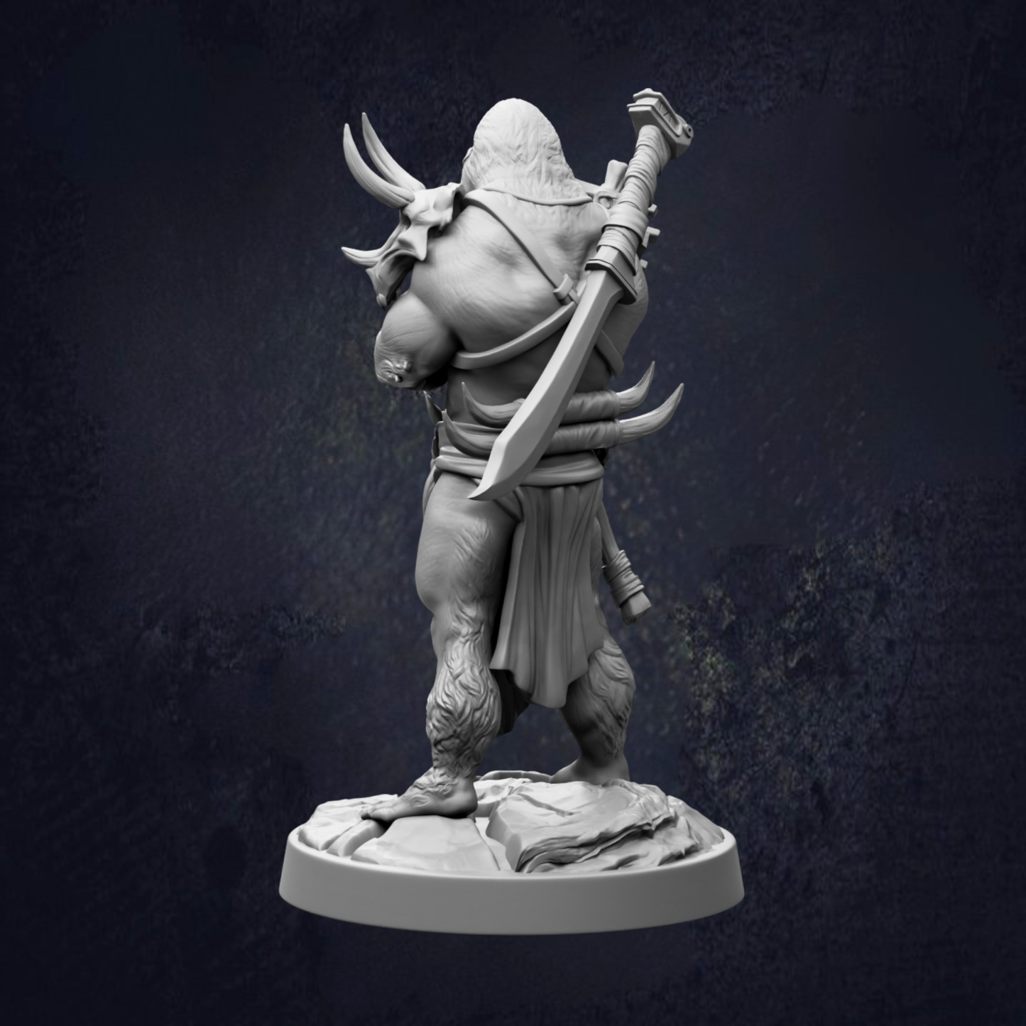 A detailed 3D model of a warrior figure, standing on a rock and holding a sword in their right hand.