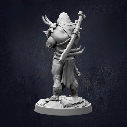 A detailed 3D model of a warrior figure, standing on a rock and holding a sword in their right hand.