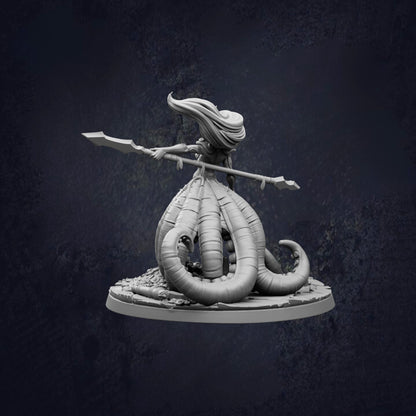 A 3D model of a female character with long hair, holding a weapon and standing on a platform.
