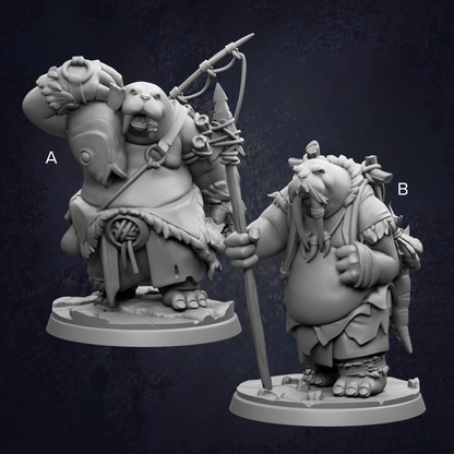 two figurines, each depicting a different character with unique features and accessories.