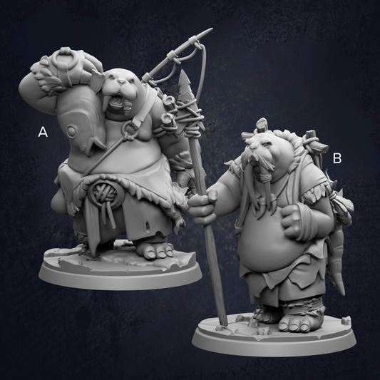 two figurines, each depicting a different character with unique features and accessories.