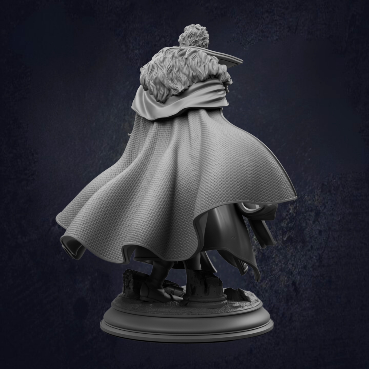 A statue of a person wearing a cape and holding a sword, standing on a pedestal against a dark background.
