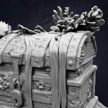 A detailed 3D model of a wooden chest with intricate carvings and decorations, including a lock and a plant growing on top.