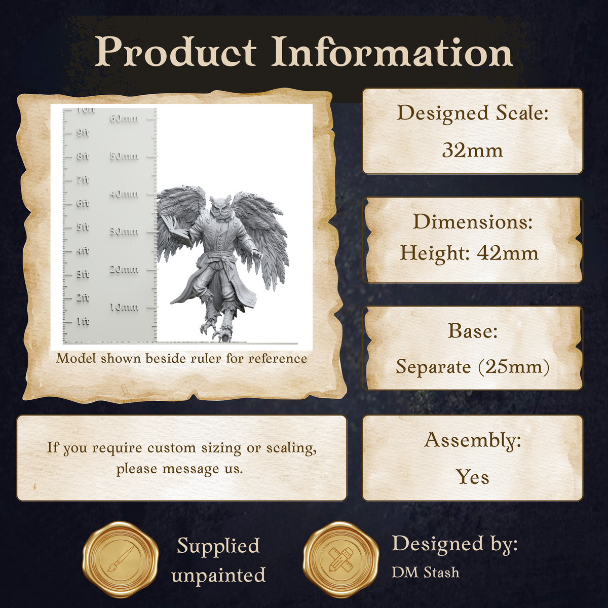 The image is a product information graphic that provides details about a model, including its dimensions, base, and assembly instructions.