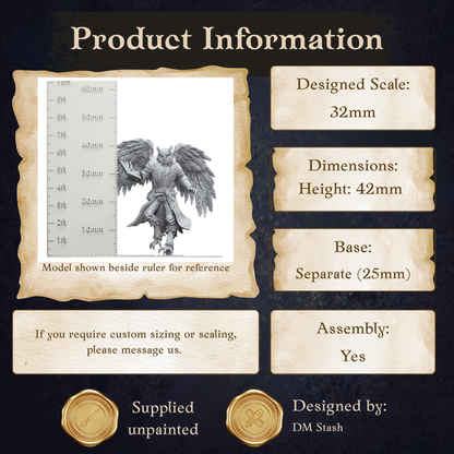 The image is a product information graphic that provides details about a model, including its dimensions, base, and assembly instructions.