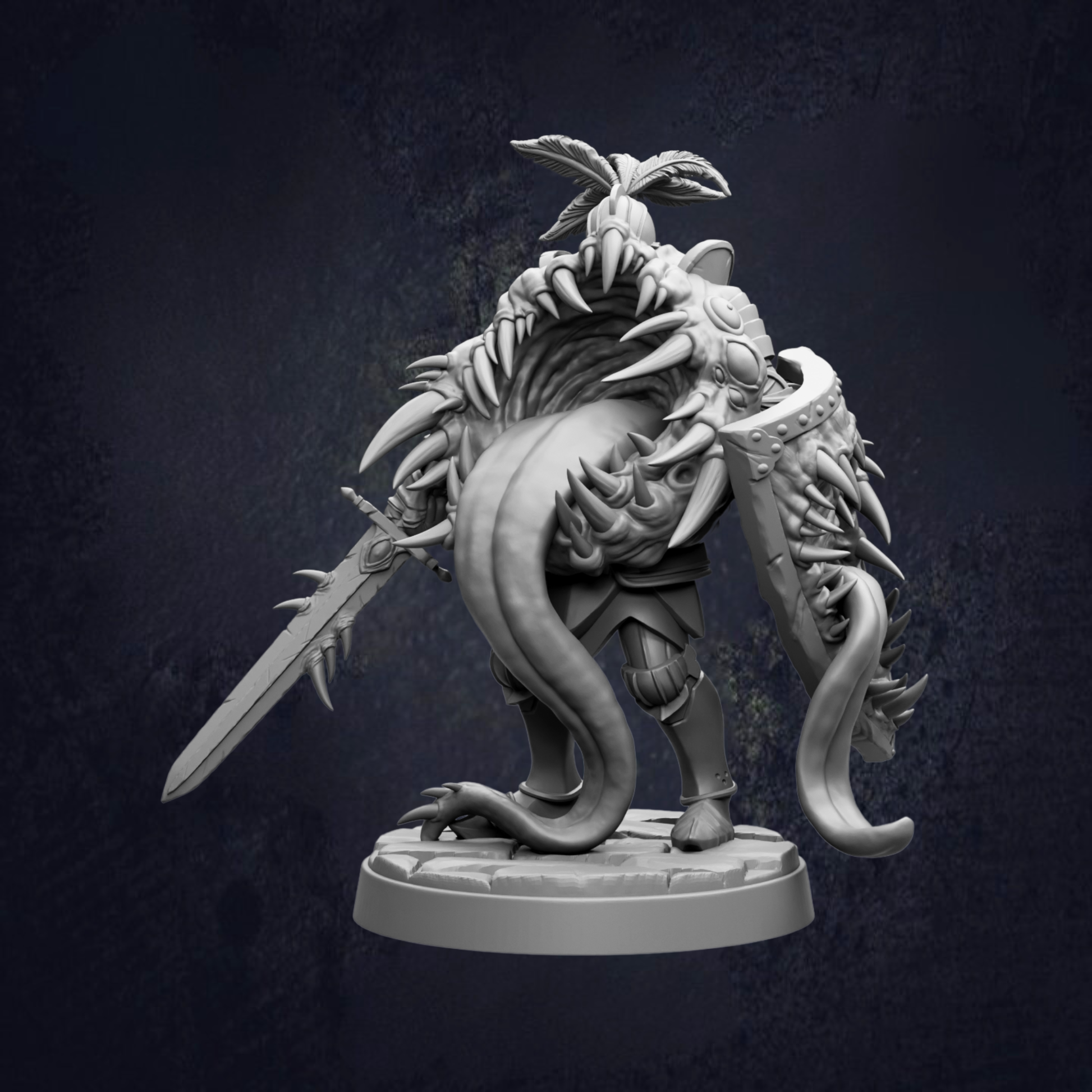 A detailed 3D model of a fantastical creature with sharp teeth, a long tail, and a large head, standing on a platform and holding a sword.