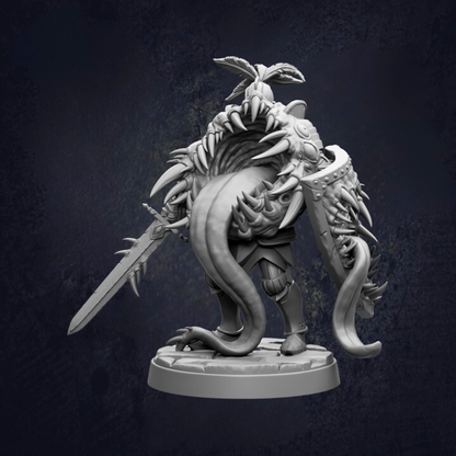 A detailed 3D model of a fantastical creature with sharp teeth, a long tail, and a large head, standing on a platform and holding a sword.