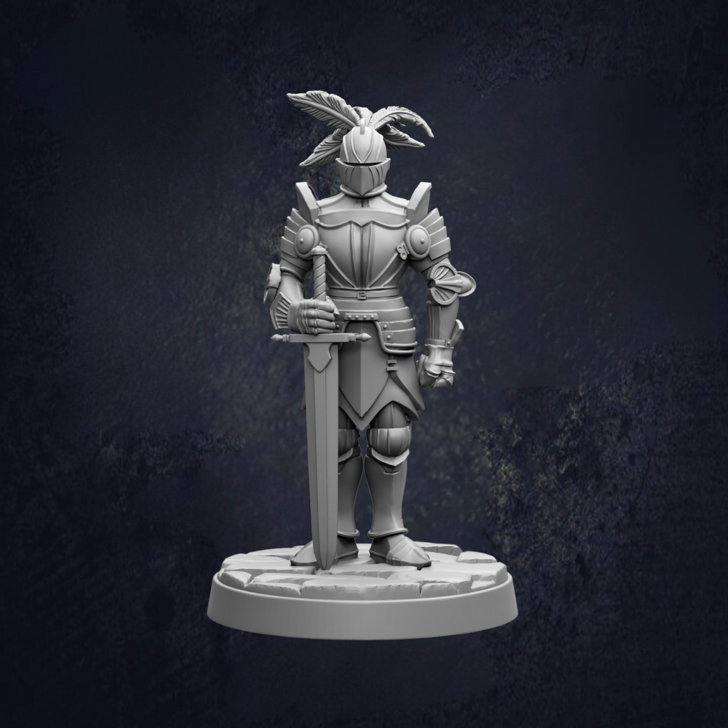 A 3D model of a knight in armor, standing on a base and holding a sword.