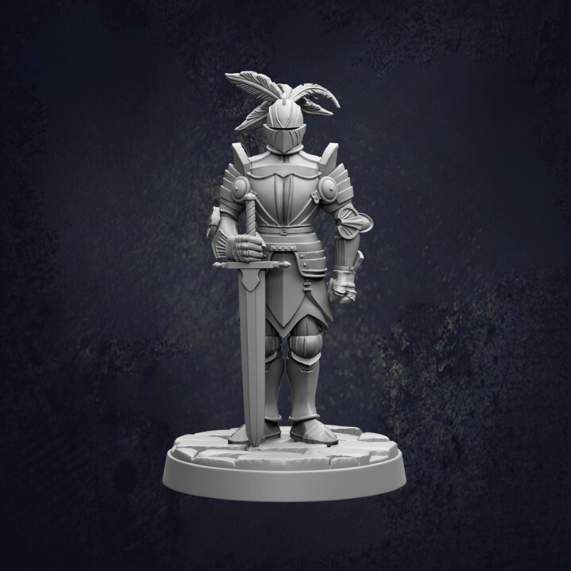 A 3D model of a knight in armor, standing on a base and holding a sword.
