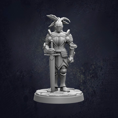 A 3D model of a knight in armor, standing on a base and holding a sword.