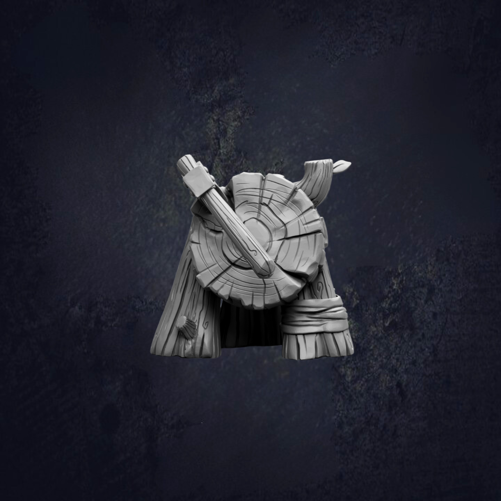 A 3D rendering of a wooden axe with a handle and a circular blade, set against a dark background.
