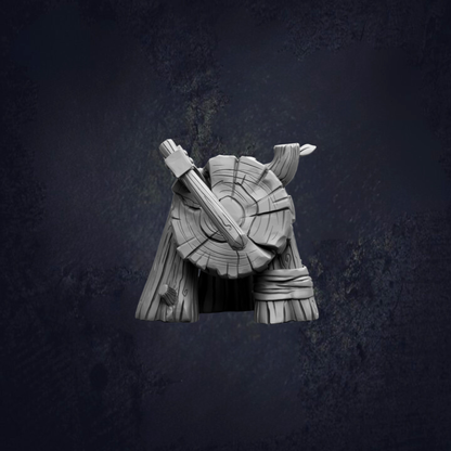 A 3D rendering of a wooden axe with a handle and a circular blade, set against a dark background.