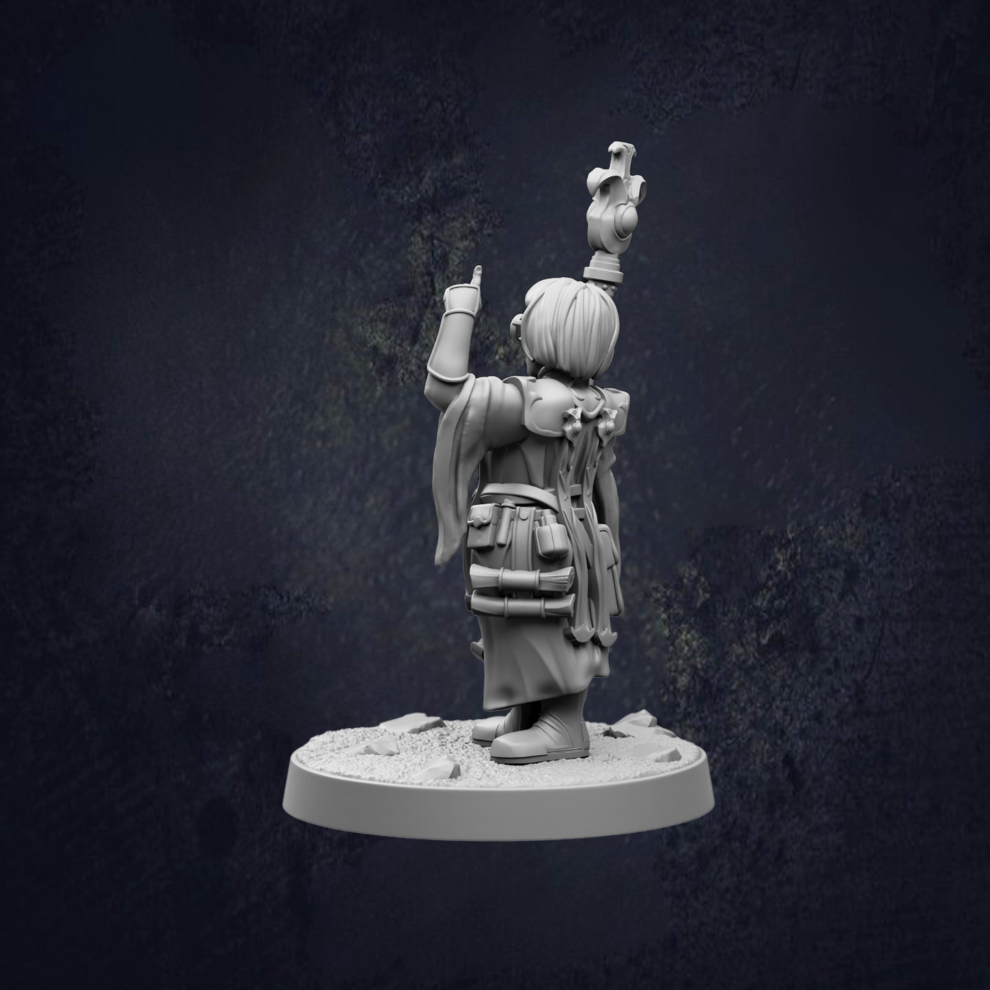 A 3D model of a character with a raised fist, standing on a base and facing away from the camera.