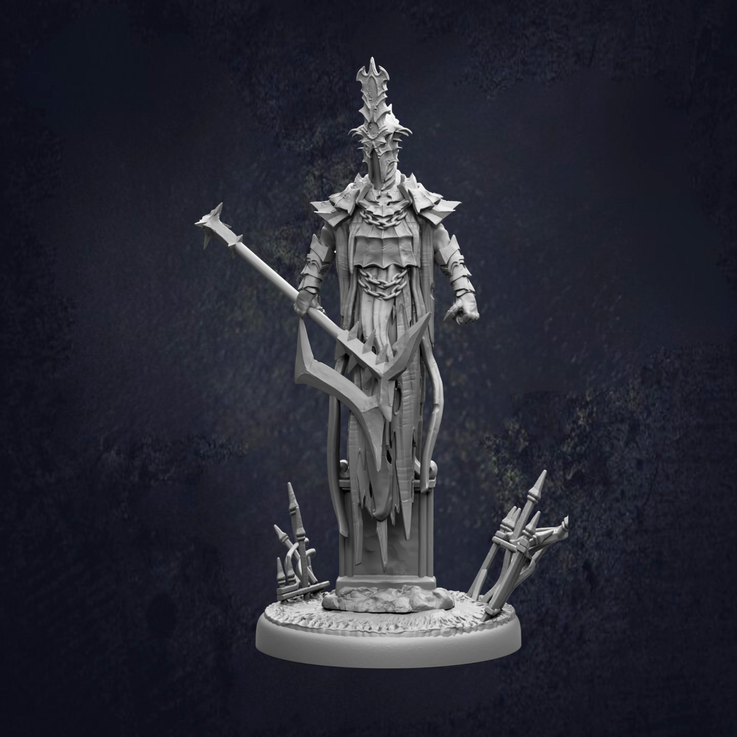 A detailed 3D model of a warrior figure, standing on a base and holding a sword in its right hand.