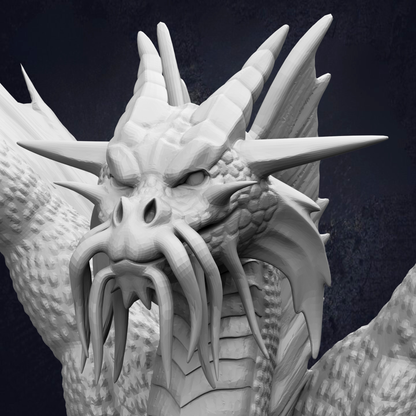 A detailed, realistic 3D model of a fierce-looking dragon statue, with sharp teeth and a menacing expression.