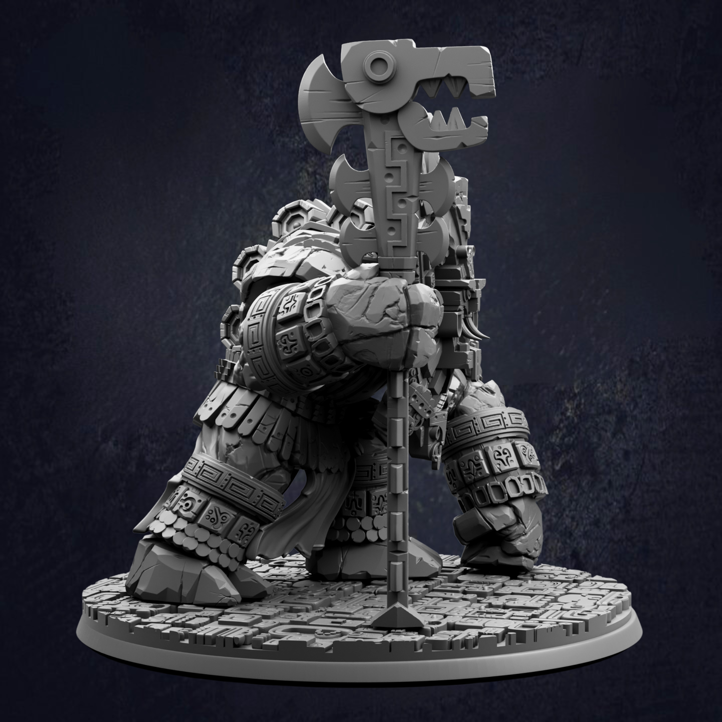 A detailed 3D model of a warrior figure, holding a large weapon and standing on a platform.