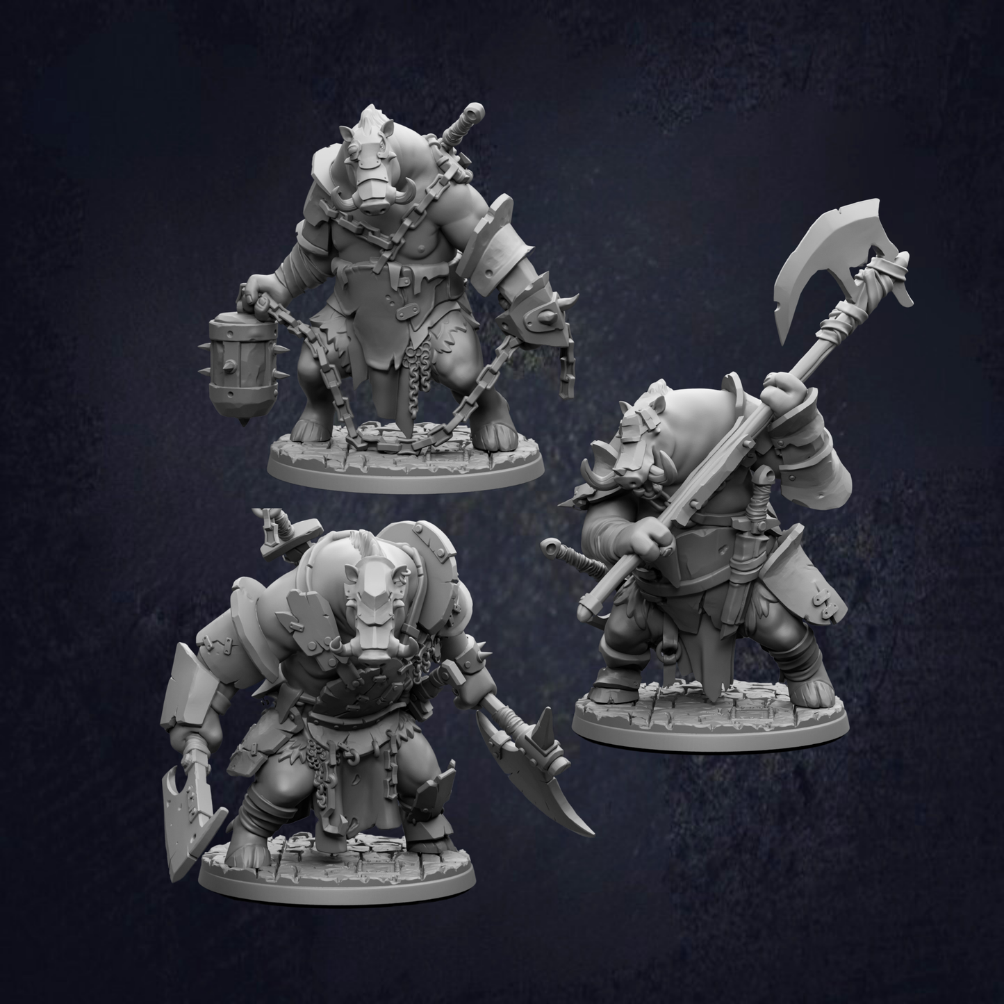 three detailed 3D models of fantastical creatures, each with unique features and weapons, set against a dark background.