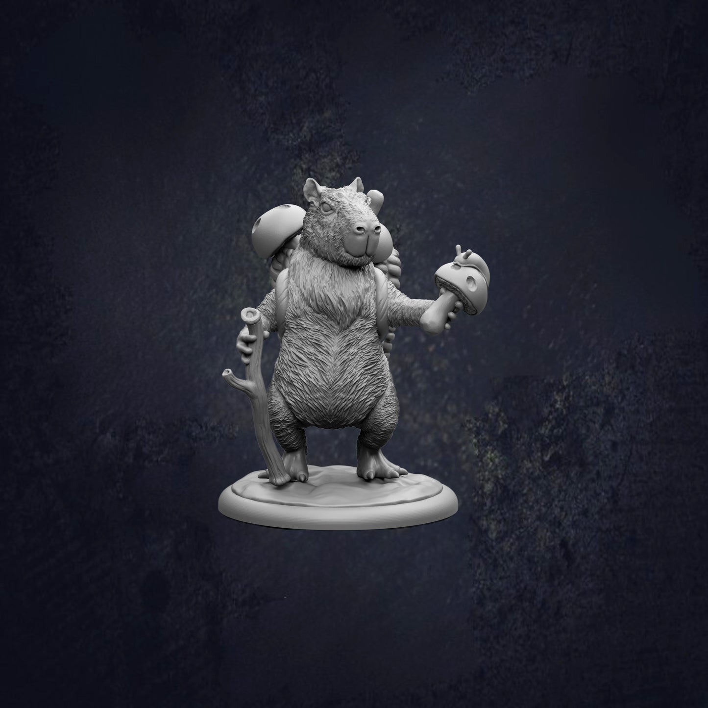 A 3D model of a furry, cartoon-like creature holding a mushroom and a sword, standing on a platform against a dark background.