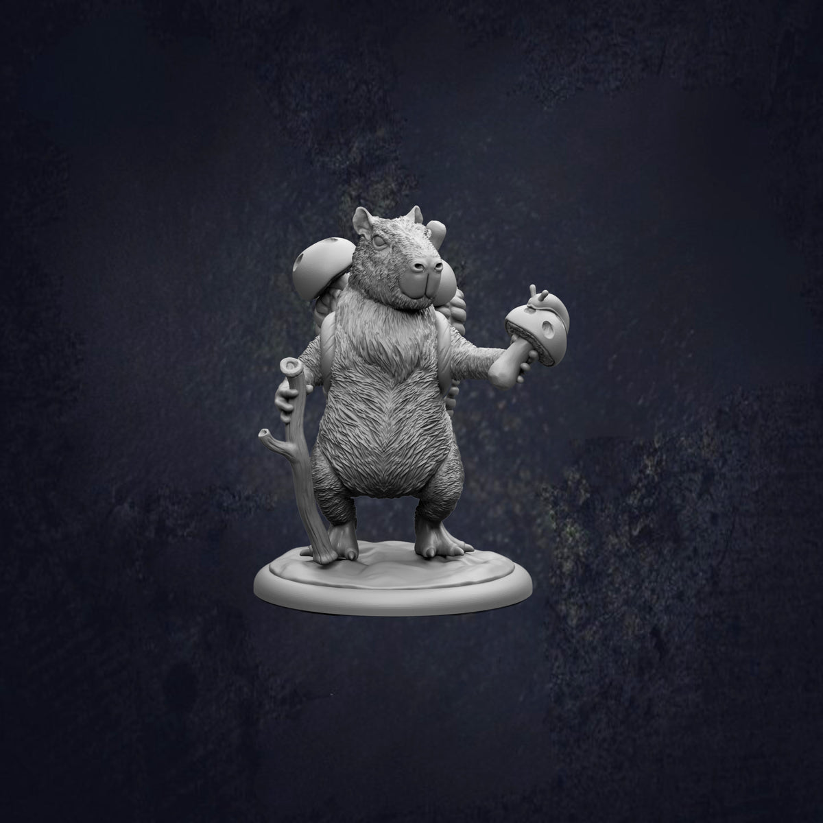 A 3D model of a furry, cartoon-like creature holding a mushroom and a sword, standing on a platform against a dark background.