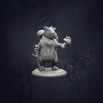 A 3D model of a furry, cartoon-like creature holding a mushroom and a sword, standing on a platform against a dark background.