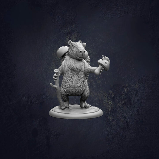 A 3D model of a furry, cartoon-like creature holding a mushroom and a sword, standing on a platform against a dark background.