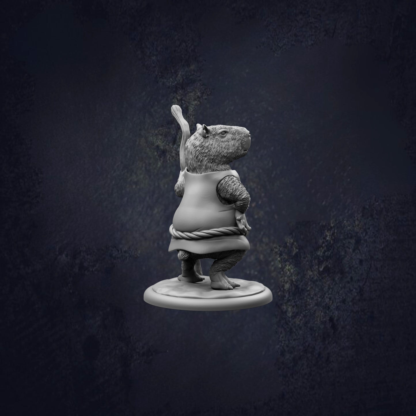 A 3D model of a small animal, possibly a rodent or a similar creature, standing upright on a base and holding a stick in its hand.