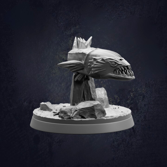 A 3D model of a fish-like creature with sharp teeth, standing on a rock formation against a dark background.
