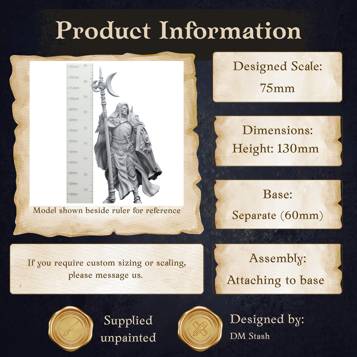 The image is a product information page for a 75mm model shown beside a ruler for reference. The page provides details about the model, including its dimensions, height, base, and assembly instructions.