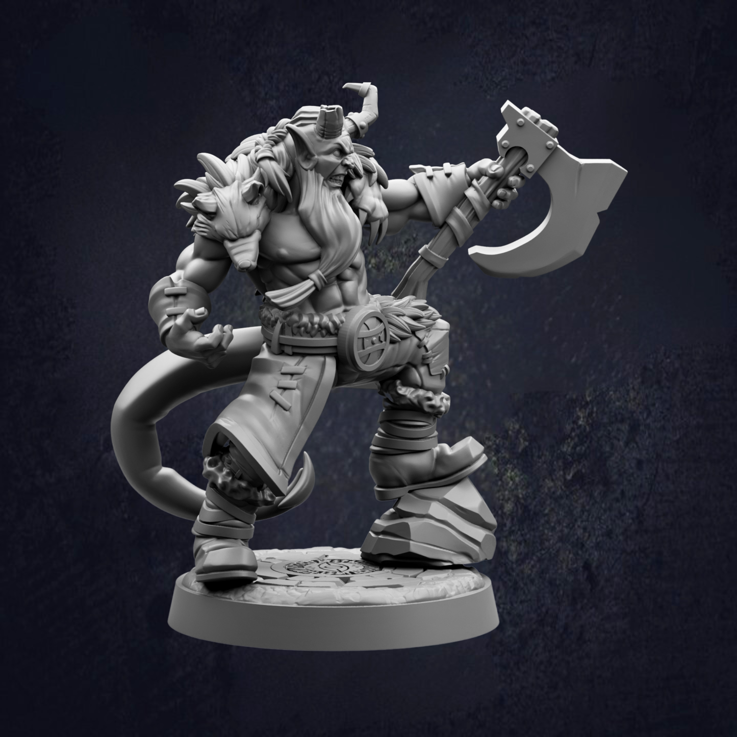 A detailed 3D model of a warrior figure, holding a large weapon and standing on a platform.