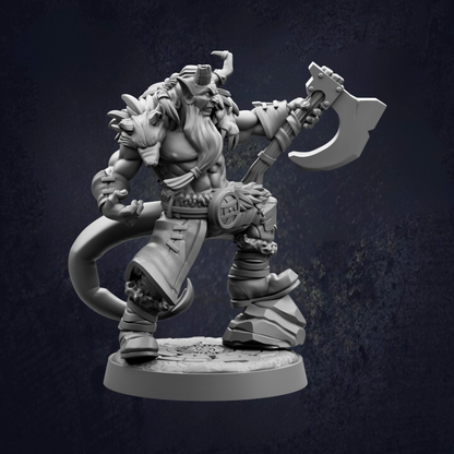 A detailed 3D model of a warrior figure, holding a large weapon and standing on a platform.