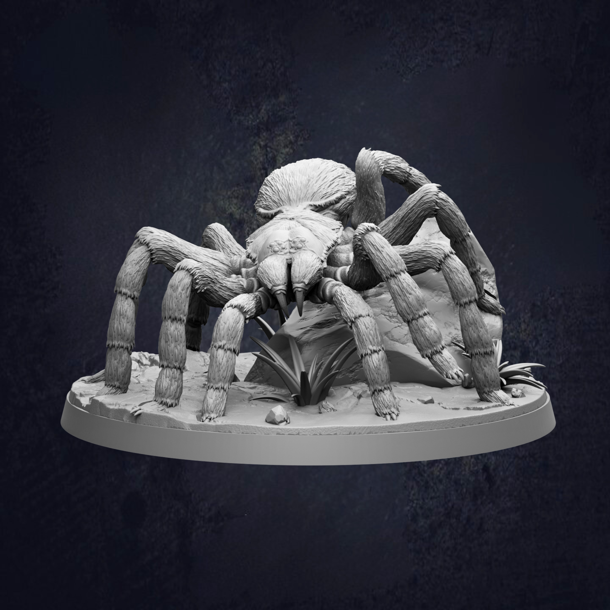 A detailed 3D model of a large spider with multiple legs and fangs, set against a dark background.