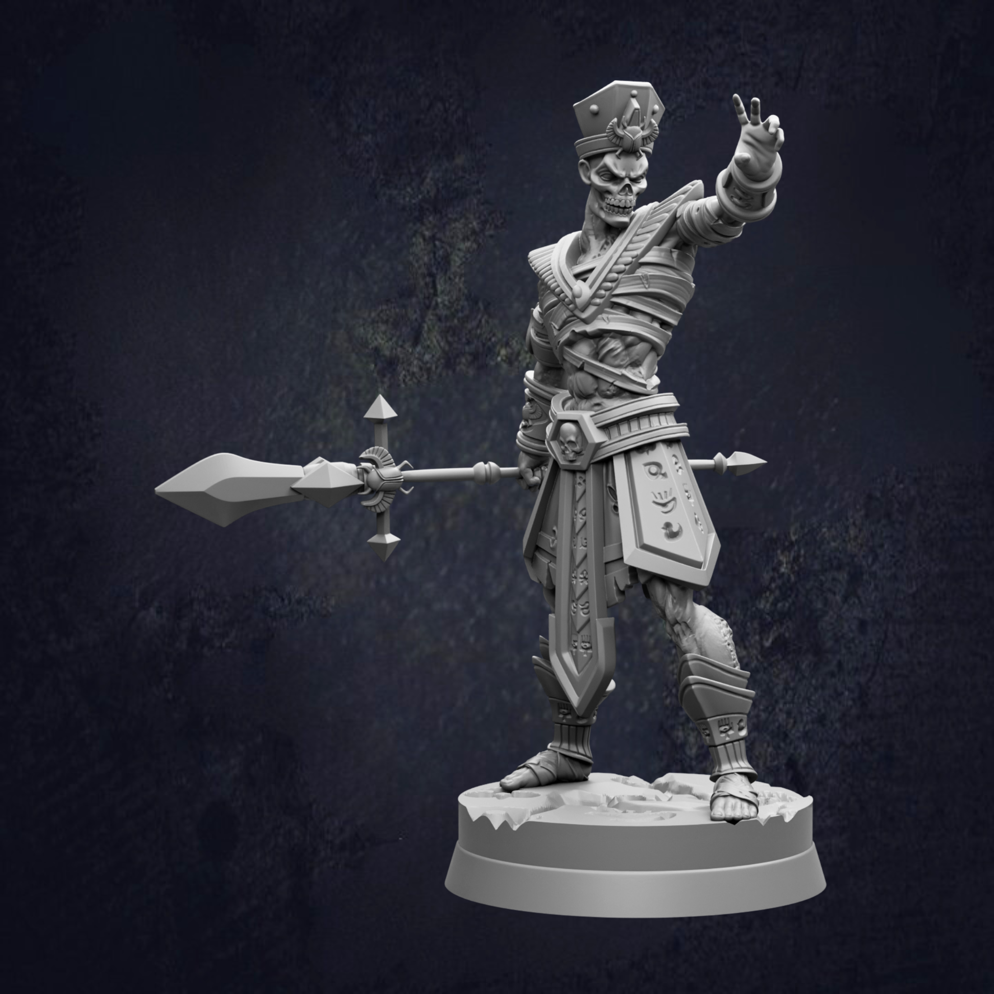 A 3D rendering of a warrior figure holding a spear and sword, standing in a fighting stance.