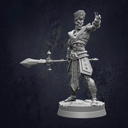 A 3D rendering of a warrior figure holding a spear and sword, standing in a fighting stance.