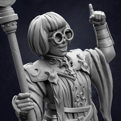 A detailed 3D rendering of a character with a pointed hat, glasses, and a staff, standing against a dark background.