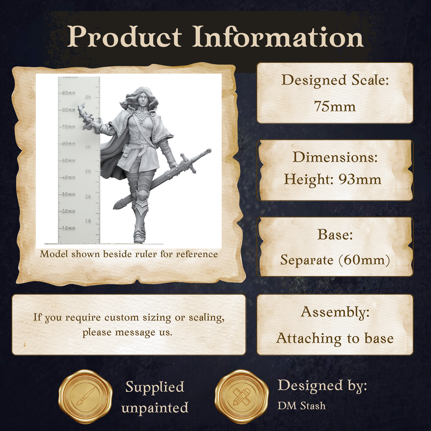 The image is a product information graphic that provides details about a model shown beside a ruler for reference.