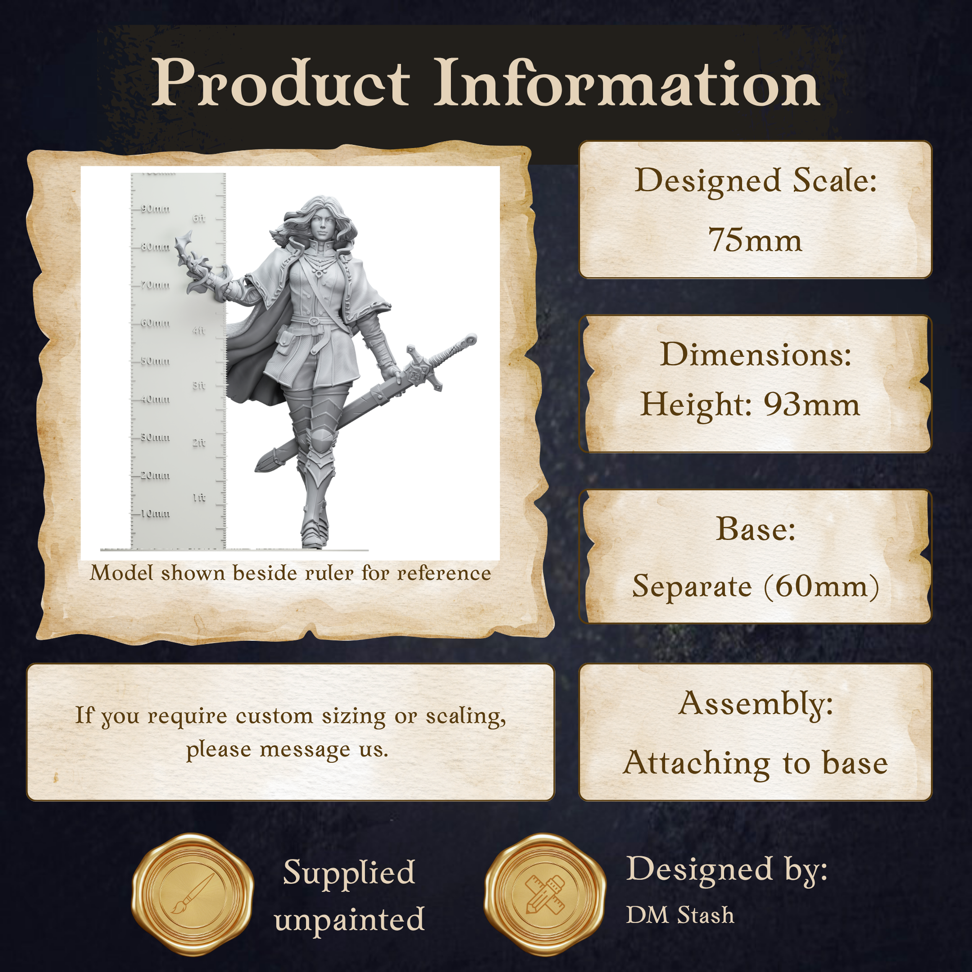 The image is a product information graphic that provides details about a model shown beside a ruler for reference.