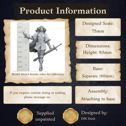 The image is a product information graphic that provides details about a model shown beside a ruler for reference.
