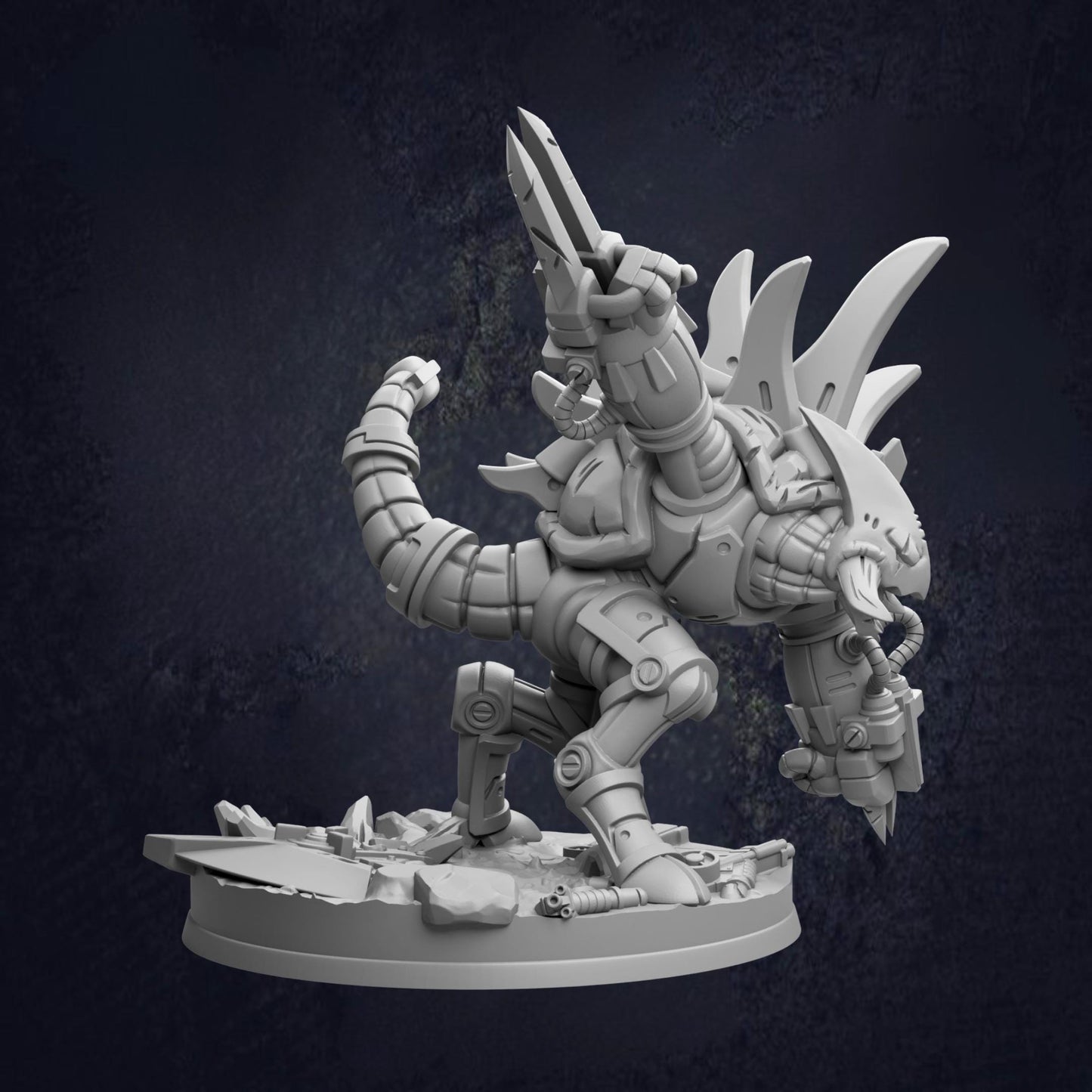 A 3D rendering of a futuristic-looking creature with sharp, angular features and a muscular, armored body.
